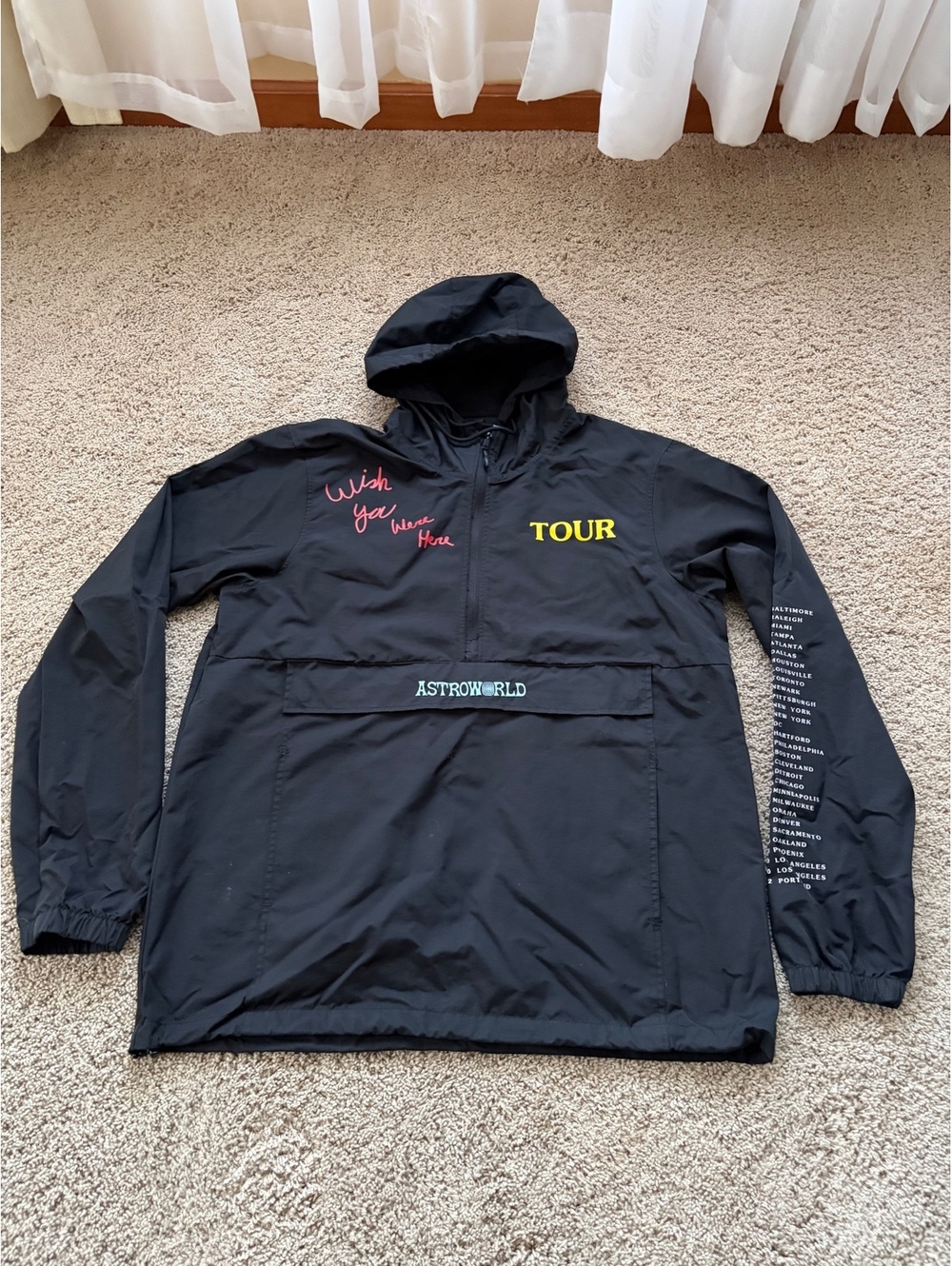 Men's black Travis Scott Astroworld "Wish You Were Here" anorak windbreaker XL